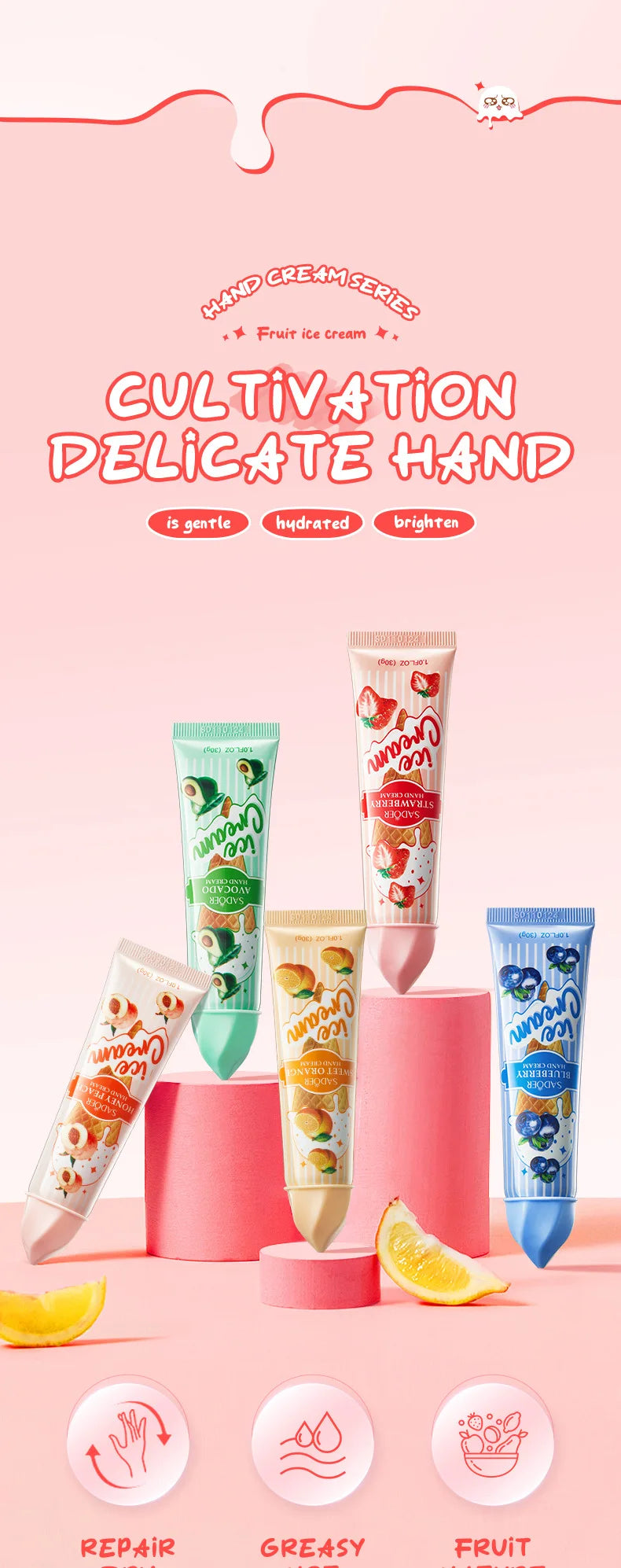 5pcs/set SADOER Fruit Ice Cream Hand Cream Moisturizing Nourishing Brightening Hydrating Hand Creams Hands Skin Care Products