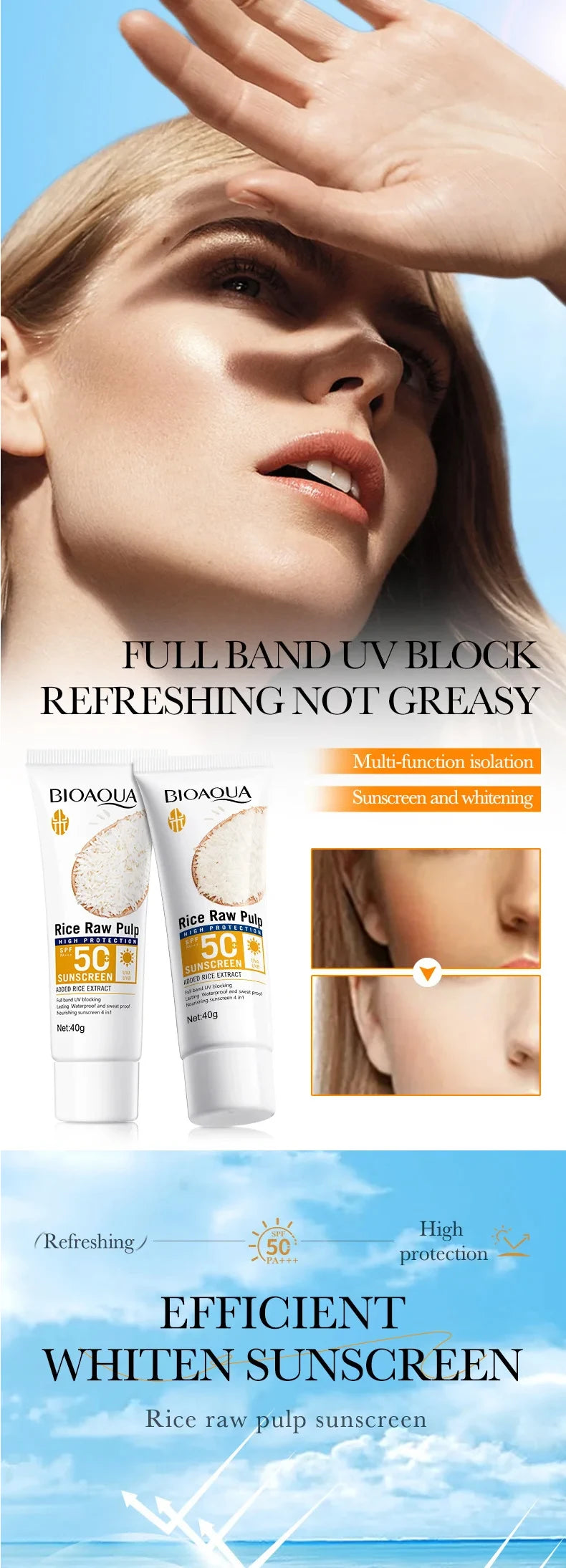 Facial Sunscreen Cream SPF 50+ Body Protector Solar Lotion Long-Lasting Non-Greasy Prevent Sunburn UV Protection Sun Sunblock