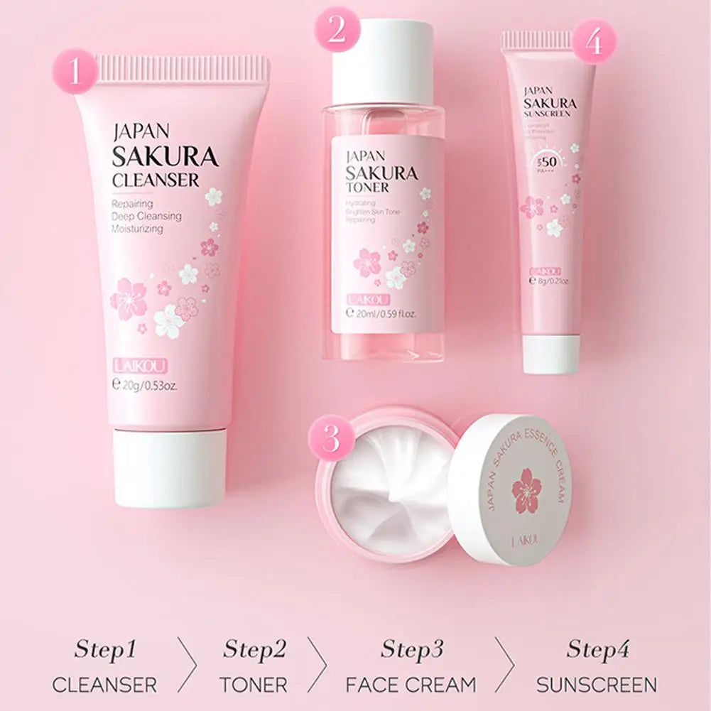 4pcs/Bag Sakura Skin Care Sets Facial Cleanser Face Face Toner Sunscreen Moisturizing Smoothing Nourishing Skincare Product