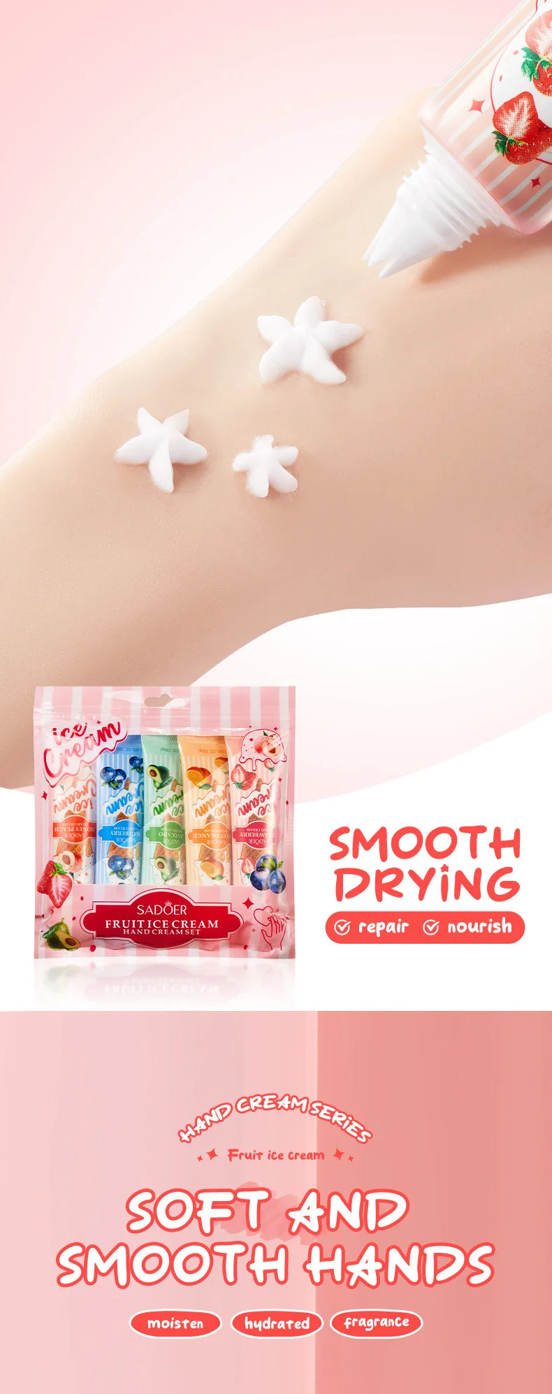 5pcs/set SADOER Fruit Ice Cream Hand Cream Moisturizing Nourishing Brightening Hydrating Hand Creams Hands Skin Care Products