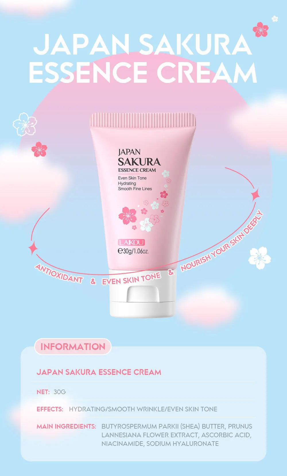 Sakura Whitening Face Cream Moisturizing Brighten Wrinkle Remover Fade Fine Lines Serum Firm Lift Shrink Pores  Smooth Skin Care