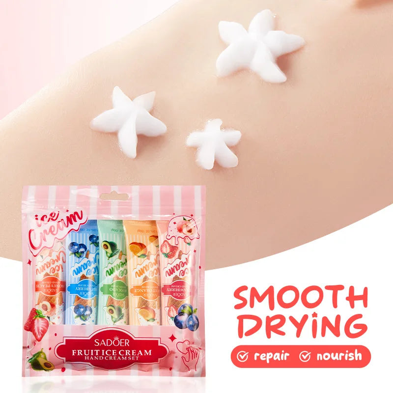 5pcs/set SADOER Fruit Ice Cream Hand Cream Moisturizing Nourishing Brightening Hydrating Hand Creams Hands Skin Care Products