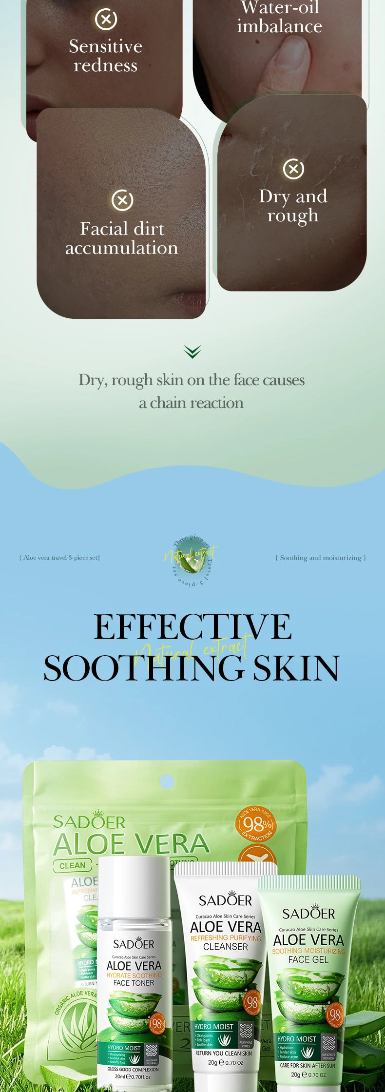 Facial Skin Care Set Moisturizing Facial Cleanser Refreshing Facial Cleanser firming Aloe Vera Face Gel Rejuvenate Skin Lighten