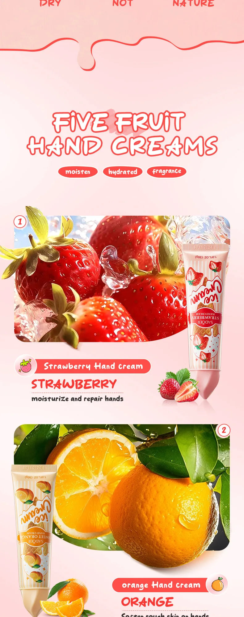 5pcs/set SADOER Fruit Ice Cream Hand Cream Moisturizing Nourishing Brightening Hydrating Hand Creams Hands Skin Care Products
