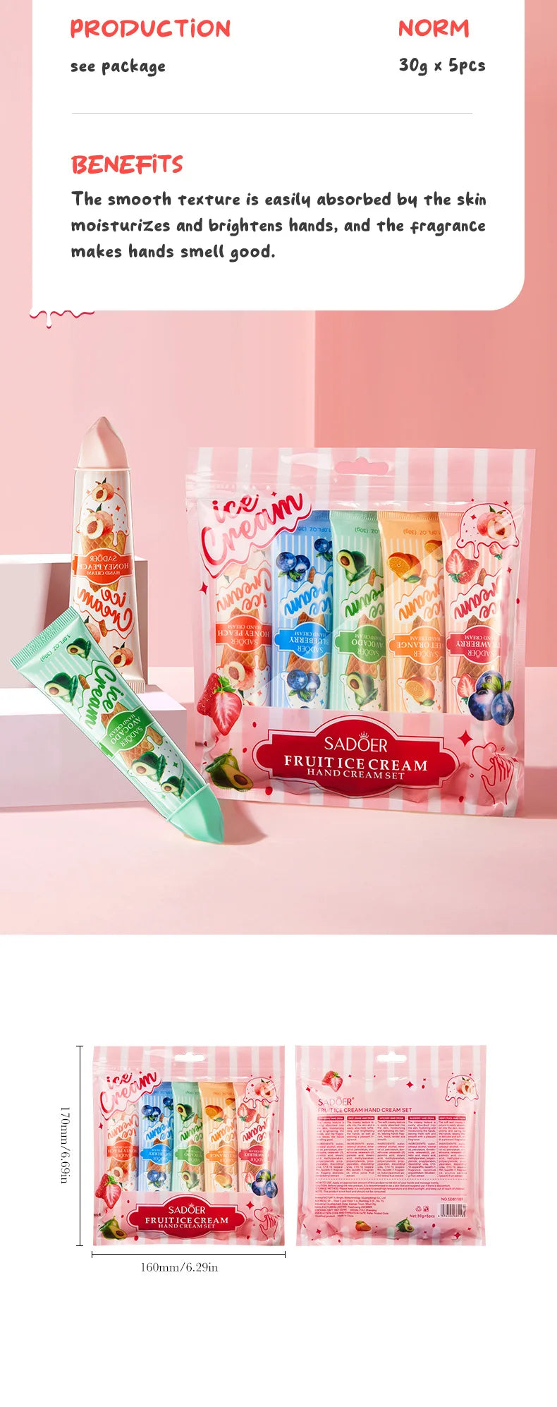 5pcs/set SADOER Fruit Ice Cream Hand Cream Moisturizing Nourishing Brightening Hydrating Hand Creams Hands Skin Care Products