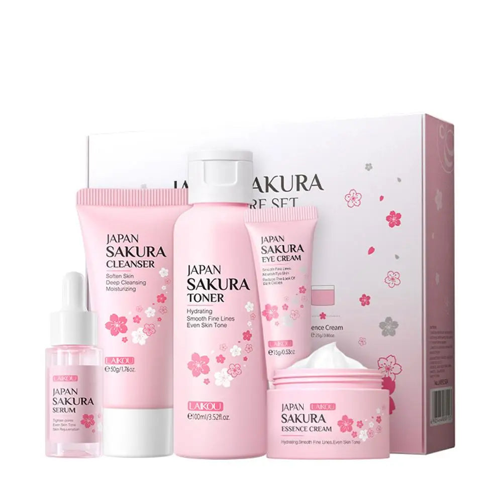 Sakura skin care sets with cleanser, serum, eye cream, facial cream, sunscreen beauty products for women, travel skin care kit