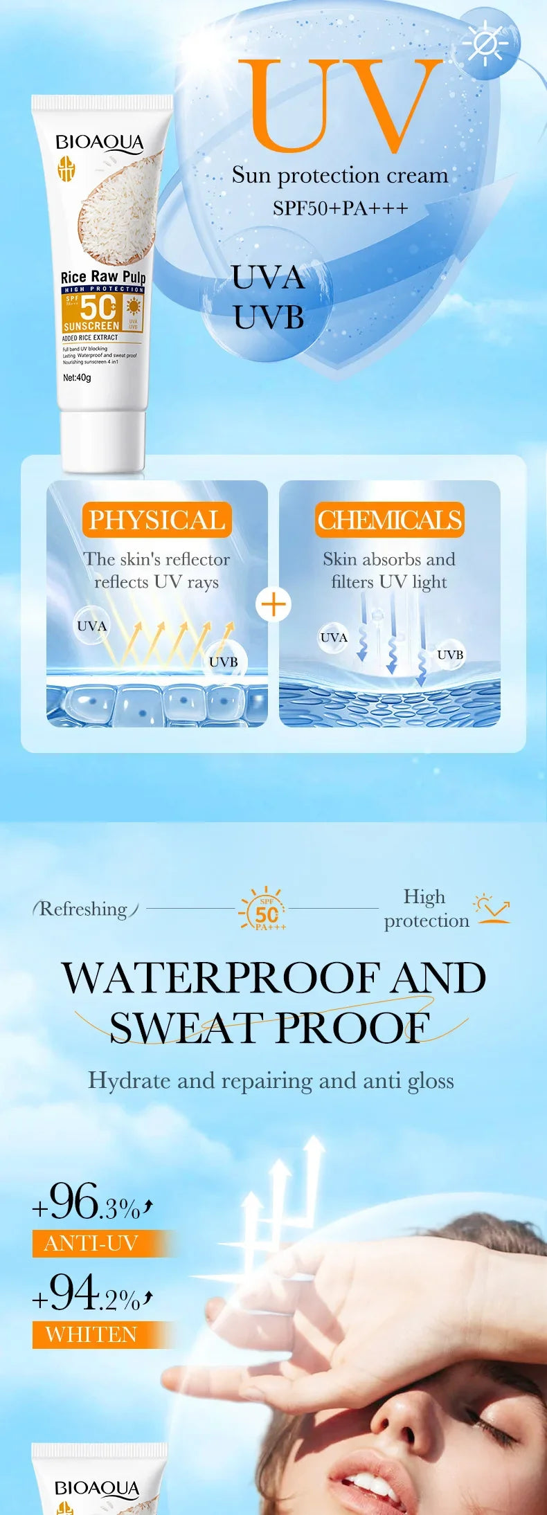 Facial Sunscreen Cream SPF 50+ Body Protector Solar Lotion Long-Lasting Non-Greasy Prevent Sunburn UV Protection Sun Sunblock